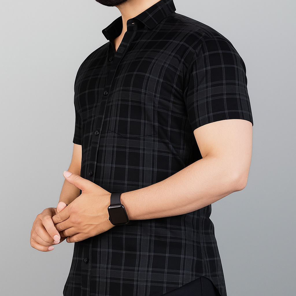 Men's Checked Regular Spread Collar Black Shirts