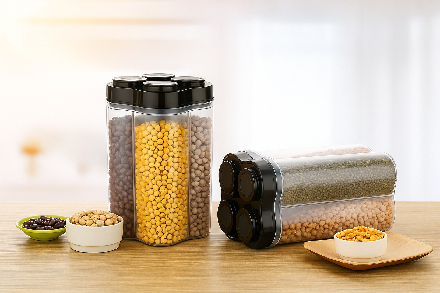 Airtight Transparent Plastic Lock Food Storage 4 Section Container Jar for Grocery, Fridge Container & Containers, Kitchen Storage Box & Container Set (Pack Of 2)