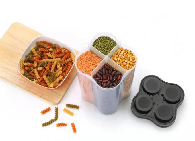 Airtight Transparent Plastic Lock Food Storage 4 Section Container Jar for Grocery, Fridge Container & Containers, Kitchen Storage Box & Container Set (Pack Of 2)