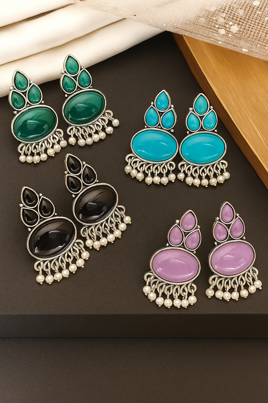 Silver-Plated Oxidized Alloy Chandelier Earring Combo Set for Women & Girls (Pack of 4, Adjustable, Stone-Studded)