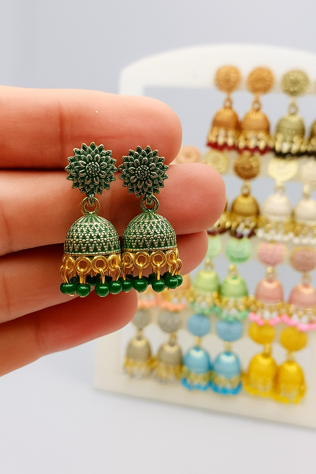 Brandson jewellery Ethnic Western India Oxidized Gold Plated small Jhumki Earring For Women And Girls (Combo Of 12 Pair) In Color Green, Red, Black, Pink, Maroon, White, Peach, Pista, Baby Pink, Grey, Aqua, Yellow