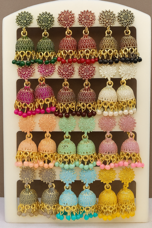 Brandson jewellery Ethnic Western India Oxidized Gold Plated small Jhumki Earring For Women And Girls (Combo Of 12 Pair) In Color Green, Red, Black, Pink, Maroon, White, Peach, Pista, Baby Pink, Grey, Aqua, Yellow