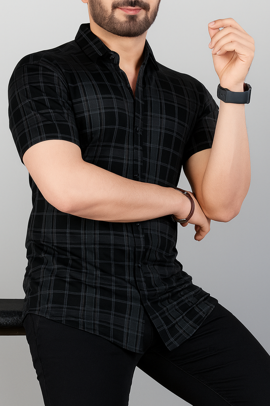 Men's Checked Regular Spread Collar Black Shirts