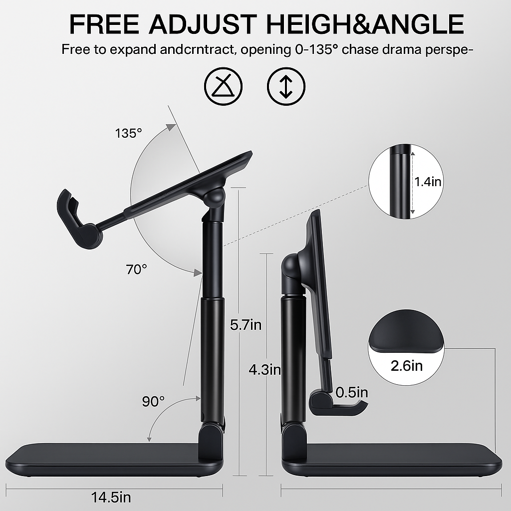 Mobile Phone Holder, Adjustable, Foldable, Anti-Skid, Wide Compatibility(Black)