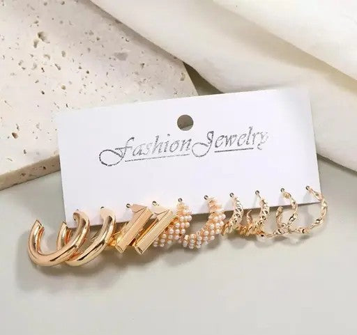 Combo of 5 Pairs – Twisted Pearl Hoop Earrings for Women